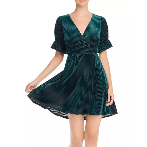 AQUA Green Velvet Striped Wrap Dress NWT XS - Picture 1 of 8